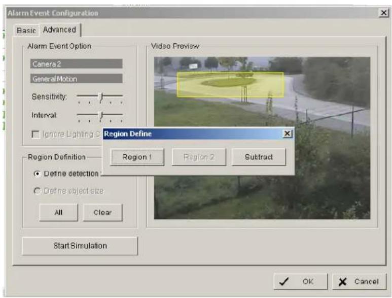 Alarm Event Configuration Basic Advanced Alarm Event Option Camera 2 General Motion Sensitivity: Interval Ignore Lighting Region Definition Define detection Define object size All Clear Video Preview Region Define Region 1 Region 2 Subtract Start Simulation OK Cancel