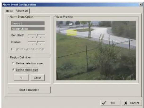 Alarm Event Configuration Basic Advanced Alarm Event Option Camera 2 Foreign Object Sensitivity: Interval: ✓ go or Lighting Arrange Region Definition ✓ Define detection zone ✓ Define object size All Clear Video Preview Start Simulation ✓ OK Cancel