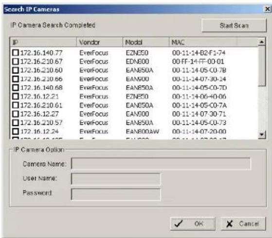 Scorch IP Cameras IP Camera Search Completed Start Scan IP Vondor Model MAC 172.16.140.77 EverFocus EZN50 00-11-14-B2-F1-74 172.16.210.67 EverFocus EDN800 00-FF-14-FF-00-01 172.16.210.60 EverFocus EAN850A 00-11-14-05-C0-7B 172.16.210.56 EverFocus EAN900 00-11-14-07-30-14 172.16.140.68 EverFocus EAN850A 00-11-14-05-C0-7D 172.16.12.21 EverFocus EZN50 00-11-14-06-40-06 172.16.210.61 EverFocus EAN850A 00-11-14-05-C0-7A 172.16.12.27 EverFocus EAN900 00-11-14-07-30-71 172.16.210.57 EverFocus EAN850A 00-11-14-05-C0-73 172.16.12.24 EverFocus EAN800AW 00-11-14-07-20-00 IP Camera Option Camera Name: User Name: Password: OK Cancel
