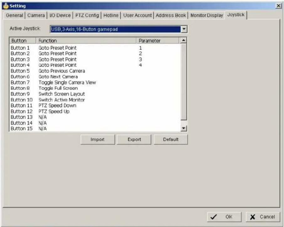 Setting General | Camera | I/O Device | PTZ Config | Hotline | User Account | Address Book | Monitor Display | Joystick Active Joystick: USB,3-Axis,16-Button gamepad Button Function Parameter Button 1 Goto Preset Point 1 Button 2 Goto Preset Point 2 Button 3 Goto Preset Point 3 Button 4 Goto Preset Point 4 Button 5 Goto Previous Camera Button 6 Goto Next Camera Button 7 Toggle Single Camera View Button 8 Toggle Full Screen Button 9 Switch Screen Layout Button 10 Switch Active Monitor Button 11 PTZ Speed Down Button 12 PTZ Speed Up Button 13 N/A Button 14 N/A Button 15 N/A Import Export Default ✓ OK Cancel