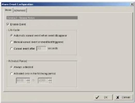 Alarm Event Configuration Basic Advanced Camera 2: General Motion Enable Event Life Cycle Automatic cancel event when event disappear Manual cancel event or event last triggered Cancel event after 10 seconds Activated Period Always activated Activated only in the following periods OK Cancel