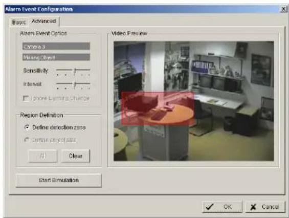 Alarm Event Configuration Basic Advanced Alarm Event Option Sensor 3 Mean Object Sensitivity Interval Ignore Luminous Change Region Definition Define detection zone Define object size OK Clear Start Simulation Video Preview OK Cancel