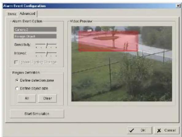 Alarm Event Configuration Basic Advanced Alarm Event Option General Foreign Object Sensitivity: Interest: Ignore Lighting Change Region Definition Define detection zone Define object size All Clear Start Simulation Video Preview OK Cancel