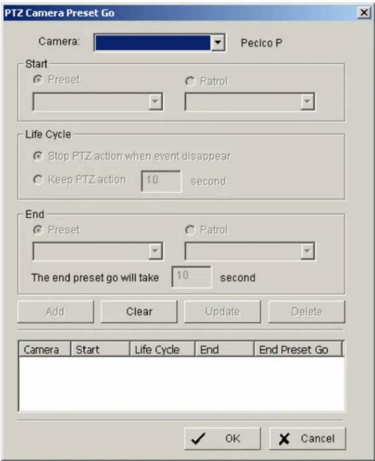PTZ Camera Preset Go Camera: Pecico P Start ● Preset ○ Patrol Life Cycle ● Stop PTZ action when event disappear ○ Keep PTZ action 10 second End ● Preset ○ Patrol The end preset go will take 10 second Add Clear Update Delete Camera Start Life Cycle End End Preset Go OK Cancel