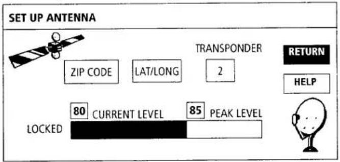 SET UP ANTENNA ZIP CODE LAT/LONG TRANSPONDER 2 RETURN HELP LOCKED 80 CURRENT LEVEL 85 PEAK LEVEL