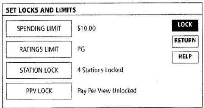 SET LOCKS AND LIMITS SPENDING LIMIT $10.00 RATINGS LIMIT PG STATION LOCK 4 Stations Locked PPV LOCK Pay Per View Unlocked LOCK RETURN HELP