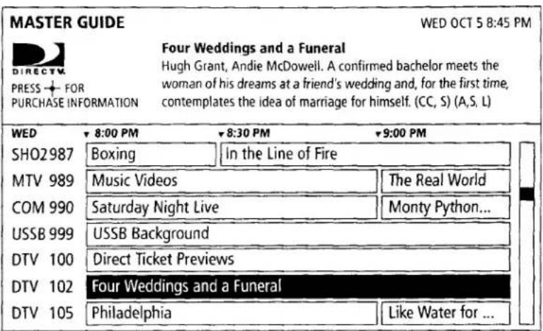 MASTER GUIDE WED OCT 5 8:45 PM DIRECTM. PRESS + FOR PURCHASE INFORMATION Four Weddings and a Funeral Hugh Grant, Andie McDowell. A confirmed bachelor meets the woman of his dreams at a friend's wedding and, for the first time, contemplates the idea of marriage for himself. (CC, S) (A,S, L) WED ▼ 8:00 PM ▼ 8:30 PM ▼ 9:00 PM SHO2987 Boxing In the Line of Fire MTV 989 Music Videos The Real World COM 990 Saturday Night Live Monty Python... USSB 999 USSB Background DTV 100 Direct Ticket Previews DTV 102 Four Weddings and a Funeral DTV 105 Philadelphia Like Water for ...