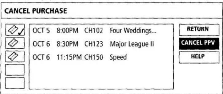 CANCEL PURCHASE OCT 5 8:00PM CH102 Four Weddings... OCT 6 8:30PM CH123 Major League II OCT 6 11:15PM CH150 Speed RETURN CANCEL PPV HELP