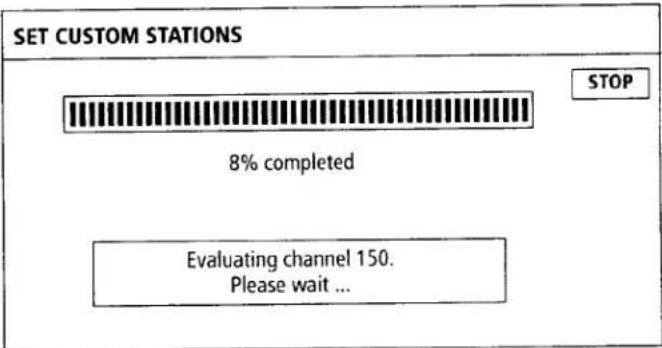 SET CUSTOM STATIONS 8% completed Evaluating channel 150. Please wait ... STOP