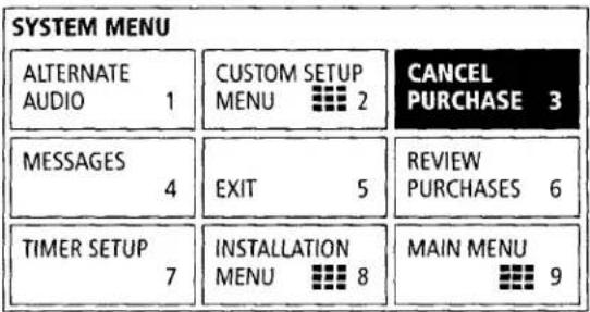 SYSTEM MENU ALTERNATE AUDIO 1 CUSTOM SETUP MENU 2 CANCEL PURCHASE 3 MESSAGES 4 EXIT 5 REVIEW PURCHASES 6 TIMER SETUP 7 INSTALLATION MENU 8 MAIN MENU 9