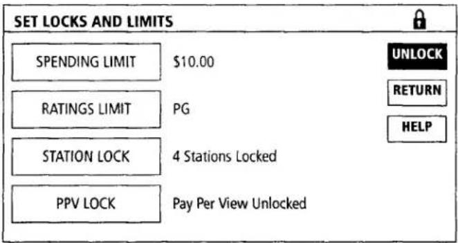 SET LOCKS AND LIMITS SPENDING LIMIT $10.00 RATINGS LIMIT PG STATION LOCK 4 Stations Locked PPV LOCK Pay Per View Unlocked UNLOCK RETURN HELP