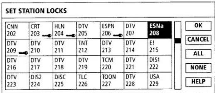 SET STATION LOCKS CNN 202 CRT 203 HLN 204 DTV 205 ESPN 206 DTV 207 ESNa 208 OK CANCEL ALL NONE HELP DTV 209 DTV 210 DTV 211 TNT 212 DTV 213 DTV 214 E! 215 DTV 216 DTV 217 DTV 218 DTV 219 TCM 220 DTV 221 DIS1 222 DTV 223 DIS2 224 DISC 225 TLC 226 TOON 227 DTV 228 USA 229