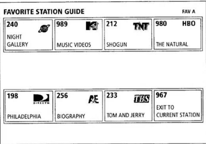 FAVORITE STATION GUIDE FAV A 240 NIGHT GALLERY 989 MUSIC VIDEOS 212 TNT SHOGUN 980 HBO THE NATURAL 198 PHILADELPHIA 256 BIOGRAPHY 233 TBS TOM AND JERRY 967 EXIT TO CURRENT STATION