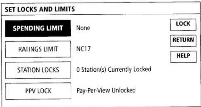 SET LOCKS AND LIMITS SPENDING LIMIT None LOCK RATINGS LIMIT NC17 RETURN STATION LOCKS 0 Station(s) Currently Locked HELP PPV LOCK Pay-Per-View Unlocked