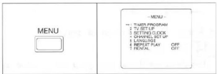 MENU -- MENU -- -- 1 TIMER PROGRAM 2 TV SET UP 3 SETTING CLOCK 4 CHANNEL SET UP 5 LANGUAGE 6 REPEAT PLAY OFF 7 RENTAL OFF