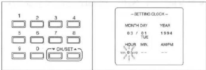 1 2 3 4 5 6 7 8 9 0 CH/SET ▲ -SETTING CLOCK - MONTH DAY YEAR 03 / 01 1994 TUE HDUR MIN. AMPM min. 0 min. -- -- #1 #2 #3 #4