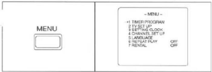 MENU - MENU - →1 TIMER PROGRAM 2 TV SET UP 3 SETTING CLOCK 4 CHANNEL SET UP 5 LANGUAGE 6 REPEAT PLAY OFF 7 RENTAL OFF