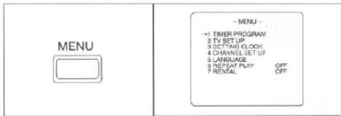 MENU - MENU - →1 TIMER PROGRAM 2 TV SET UP 3 SETTING CLOCK 4 CHANNEL SET UP 5 LANGUAGE 6 REPEAT PLAY OFF 7 RENTAL OFF