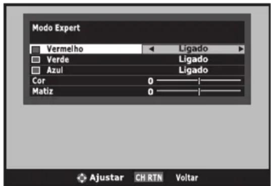Modo Expert Vermelho Ligado Verde Ligado Azul Ligado Cor 0 ———— Matiz 0 ———— Ajustar CH RTN Voltar