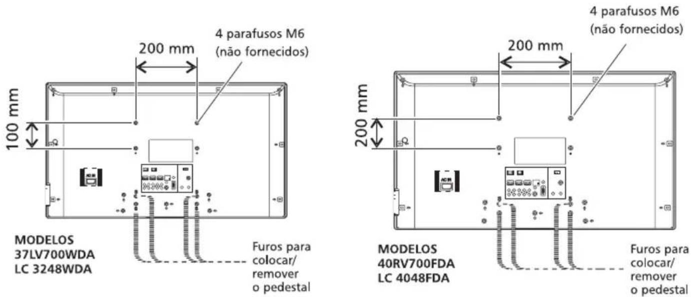 200 mm 4 parafusos M6 (não fornecidos) 100 mm MODELOS 37LV700WDA LC 3248WDA Furos para colocar/ remover o pedestal 200 mm 4 parafusos M6 (não fornecidos) 200 mm MODELOS 40RV700FDA LC 4048FDA Furos para colocar/ remover o pedestal