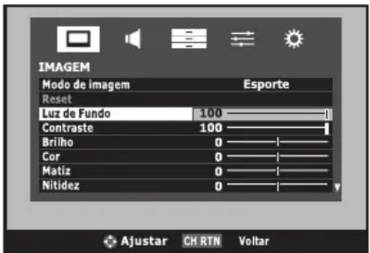 IMAGEM Modo de imagem Esporte Reset Luz de Fundo 100 Contraste 100 Brilho 0 Cor 0 Matiz 0 Nitidez 0 Ajustar CH RTN Voltar