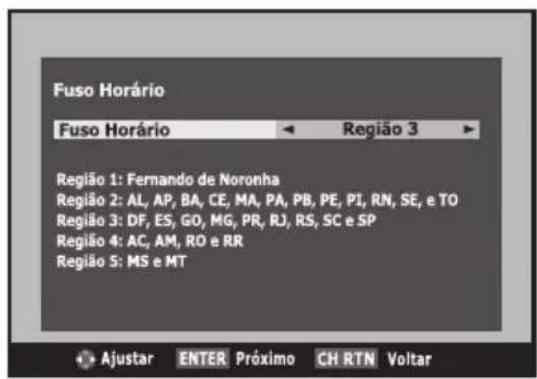 Fuso Horário Fuso Horário Região 3 Região 1: Fernando de Noronha Região 2: AL, AP, BA, CE, MA, PA, PB, PE, PI, RN, SE, e TO Região 3: DF, ES, GO, MG, PR, RJ, RS, SC e SP Região 4: AC, AM, RO e RR Região 5: MS e MT Ajustar ENTER Próximo CH RTN Voltar