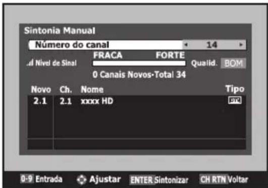 Sintonia Manual Número do canal 14 Nivel de Sinal FRACA FORTE Qualid. BOM 0 Canais Novos-Total 34 Novo Ch. Nome Tipo 2.1 2.1 xxxx HD 0-9 Entrada Ajustar ENTER Sintonizar CH RTN Voltar