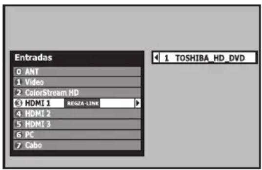 Entradas 0 ANT 1 Video 2 ColorStream HD 3 HDMI 1 REGZA-LINK 4 HDMI 2 5 HDMI 3 6 PC 7 Cabo 1 TOSHIBA_HD_DVD