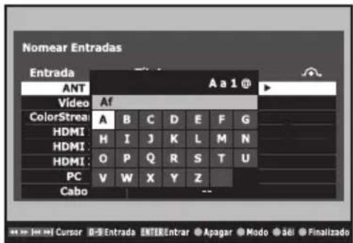 Nomear Entradas Entrada ANT Video Af ColorStream A B C D E F G HDMI H I J K L M N HDMI O P Q R S T U PC V W X Y Z Cabo -- Cursor 0-Entrada ENTEREntrar Apagar Modo 3& Finalizado