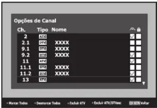 Opções de Canal Ch. Tipo Nome 2 ATG 2.1 DTV XXXX 9.1 DTV XXXX 9.2 DTV XXXX 11 ATV 11.1 DTV XXXX 11.2 DTV XXXX 13 ATV