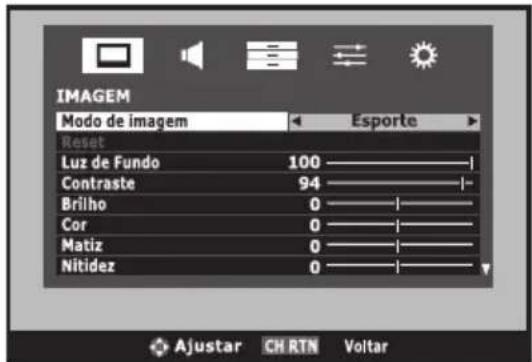 IMAGEM Modo de imagem Esporte Reset Luz de Fundo 100 Contraste 94 Briho 0 Cor 0 Matiz 0 Nitidez 0 Ajustar CHRTN Voltar