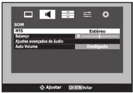 SOM MTS Estéreo Balanço 0 ———— Ajustes avançados de áudio Auto Volume Desligado Ajustar CH RTN Voltar