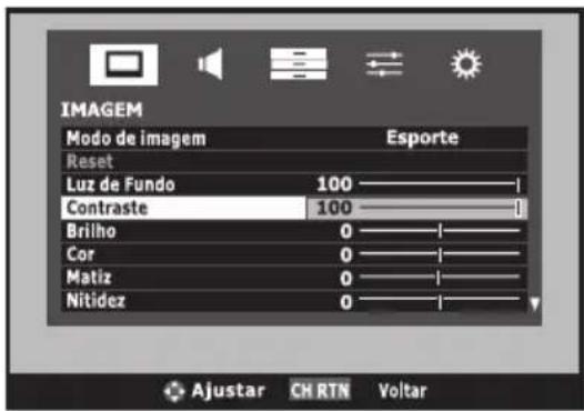 IMAGEM Modo de imagem Esporte Reset Luz de Fundo 100 ———— Contraste 100 ———— Brilho 0 ———— Cor 0 ———— Matiz 0 ———— Nitidez 0 ———— Ajustar CH RTN Voltar