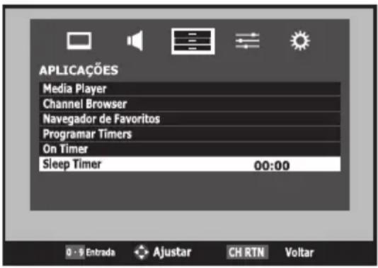 APLICAÇÕES Media Player Channel Browser Navegador de Favoritos Programar Timers On Timer Sleep Timer 00:00 0 · 9 Entrada Ajustar CH RTN Voltar
