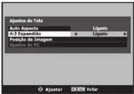 Ajustes de Tela Auto Aspecto 4:3 Expandido Posição da Imagem Ajustes do PC Ligado Ligado Ajustar CH RTN Voltar