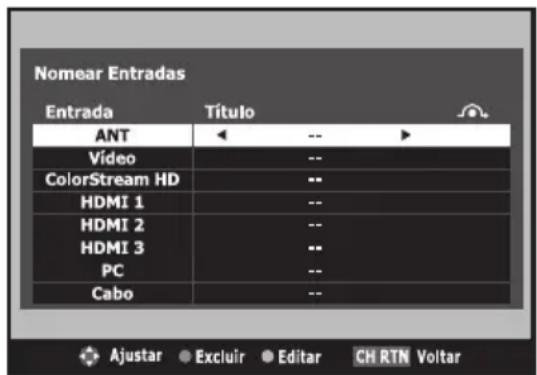 Nomear Entradas Entrada Título ANT -- ► Vídeo -- ColorStream HD -- HDMI 1 -- HDMI 2 -- HDMI 3 -- PC -- Cabo --