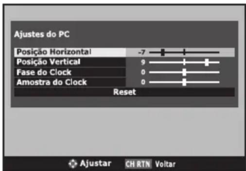 Ajustes do PC Posição Horizontal -7 Posição Vertical 9 Fase do Clock 0 Amostra do Clock 0 Reset Ajustar CH RTN Voltar