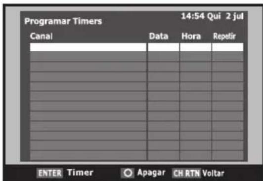 Programar Timers 14:54 Qui 2 jul Canal Data Hora Repetir ENTER Timer Apagar CH RTN Voltar