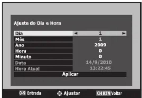 Ajuste do Dia e Hora Dia ← 1 ► Mês 1 Ano 2009 Hora 0 Minuto 0 Data 14/9/2010 Hora Atual 13:22:45 Aplicar 0-9 Entrada Ajustar CH RTN Voltar