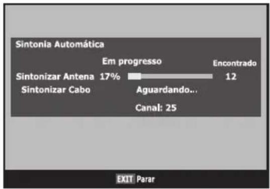 Sintonia Automática Em progresso Encontrado Sintonizar Antena 17% 12 Sintonizar Cabo Aguardando... Canal: 25 EXIT Parar
