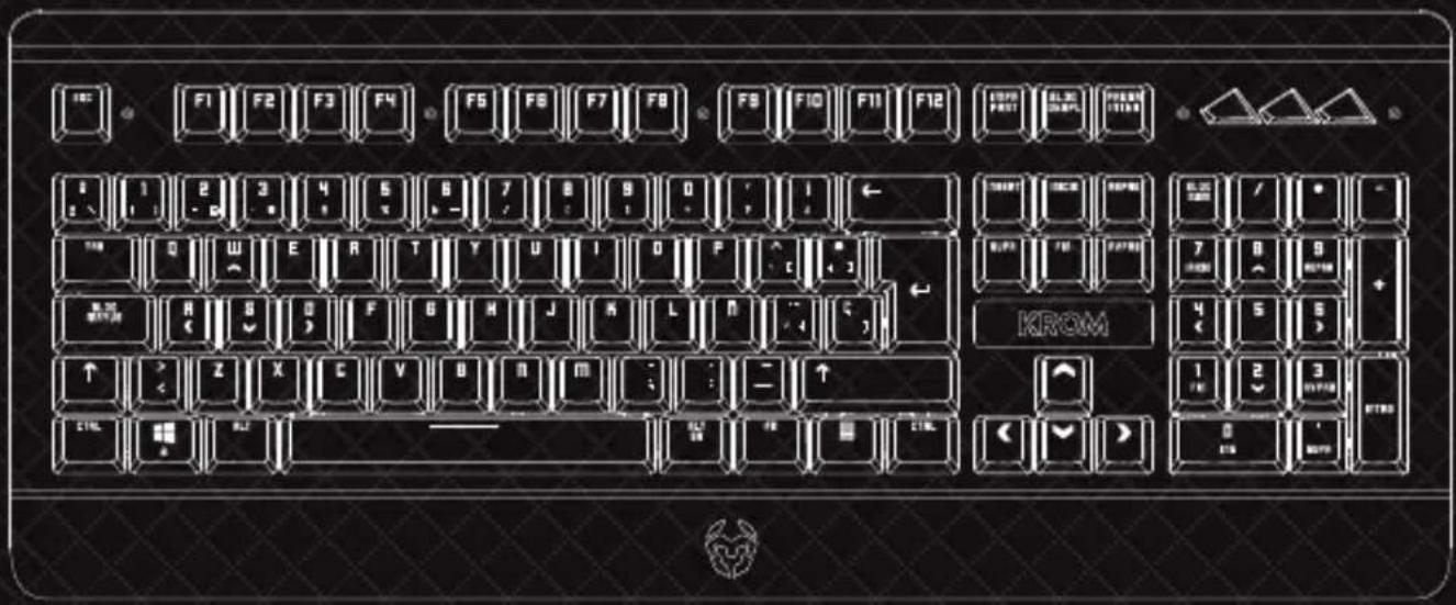 Black-and-white image of a computer keyboard layout with labeled keys and symbols, including standard keys like F1–F12, KROM, and mouse cursor.