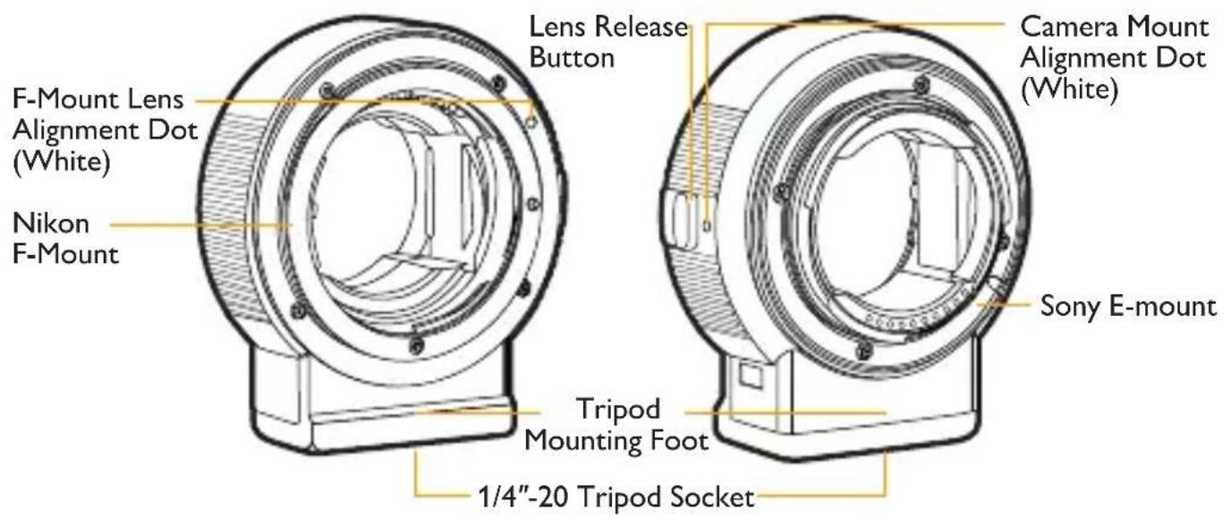 Lens Release Button Camera Mount Alignment Dot (White) F-Mount Lens Alignment Dot (White) Nikon F-Mount Sony E-mount Tripod Mounting Foot 1/4"-20 Tripod Socket