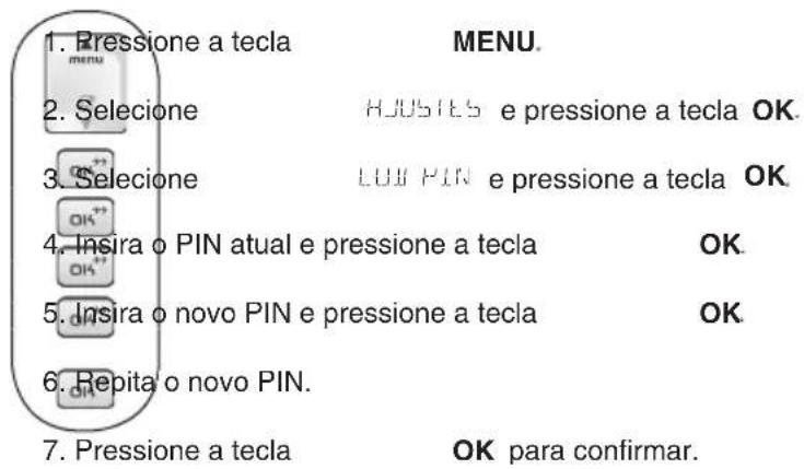 1. Pressione a tecla MENU. 2. Selezione HUSTES e pressione a tecla OK. 3. Selezione LOW PIN e pressione a tecla OK. 4. Insira o PIN atual e pressione a tecla OK. 5. Insira o novo PIN e pressione a tecla OK. 6. Repita o novo PIN. 7. Pressione a tecla OK para confirmar.