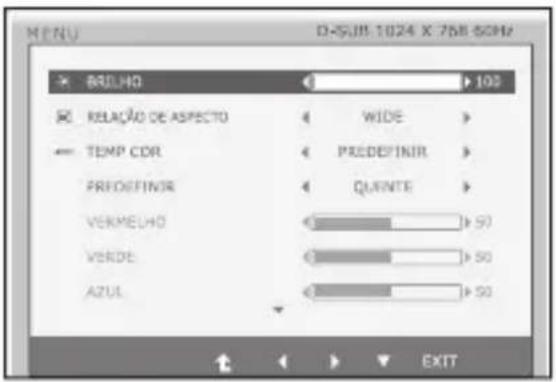 MENU D-5JJB 1024 X 758 5GHz BRUHO RELACÃO DE ASPECTO TEMP COR PREFINIR VERMELO VERDE AZUL WIDE PREDEFINIR QUENTE 50 50 50 EXIT