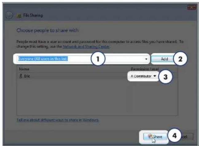 File Sharing Choose people to share with People must have a user account and password for this computer to access files you have shared. To change this setting, use the Network and Sharing Center. Everyone (All users in this list) 1 Add 2 Name & Eric Permission Level A Contributor 3 Tell me about different ways to share in Windows Share 4