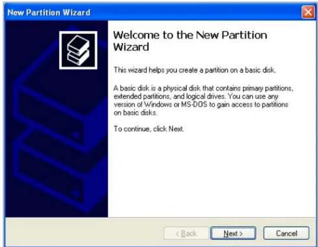 New Partition Wizard Welcome to the New Partition Wizard This wizard helps you create a partition on a basic disk. A basic disk is a physical disk that contains primary partitions, extended partitions, and logical drives. You can use any version of Windows or MS-DDS to gain access to partitions on basic disks. To continue, click Next. < Back Next > Cancel