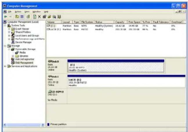 Computer Management System Tools C:\Users\Shared Folders Local Users and Groups Performance logs and Slights Device Manager Storage Permanable Storage Media Libraries Disk Distragwriter Disk Management Services and Applications Volume Layout Type Fits/Systems Status Capacity Free Space % Free PoR Tolerance Overhead (C:) Partition Basic NTFS Healthy (Systems) 18.62 GB 14.45 GB 77 % No 0% (LACI 3.0:) Partition Basic FA122 Healthy 153.35 GB 153.35 GB 99 % No 0% Disk 8 Basic (C:) 15.62 GB 15.62 GB NPT3 Online Healthy (Systems) Disk 1 Basic LACI (C:) 153.39 GB FA122 Online Healthy CD-ROM 0 DVD (D:) No Media Primary partition
