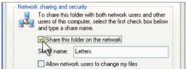 Network sharing and security To share this folder with both network users and other users of this computer, select the first check box below and type a share name. ✓ Share this folder on the network Share name: Letters Allow network users to change my files
