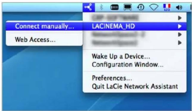 Connect manually... Web Access... LACINEMA_HD Wake Up a Device... Configuration Window... Preferences... Quit LaCie Network Assistant