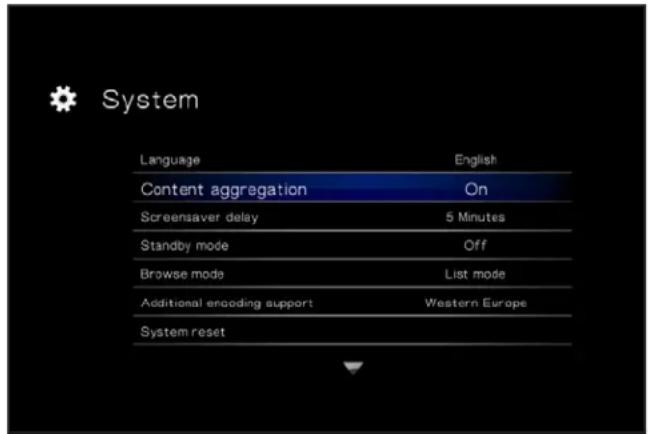 System Language English Content aggregation On Screensaver delay 5 Minutes Standby mode Off Browse mode List mode Additional encoding support Western Europe System reset